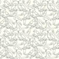 Birds' seamless pattern with outline elements of flamingo, nightingale, and parrot on a white background vector