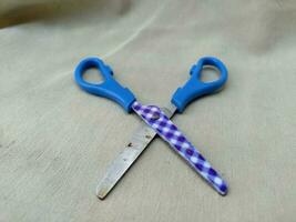 Medium sized paper scissors with light blue handles photo