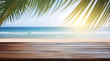 A wooden table with a palm tree on it and a blue sea in the background photo