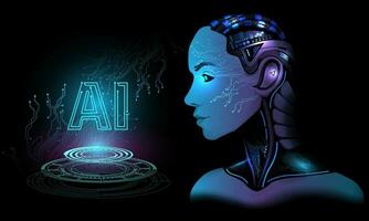 robot hombre artificial inteligencia con un hermosa cara Mira a logo ai en mano en azul circuito bokeh difuminar virtual ciberespacio futurista tecnología vector