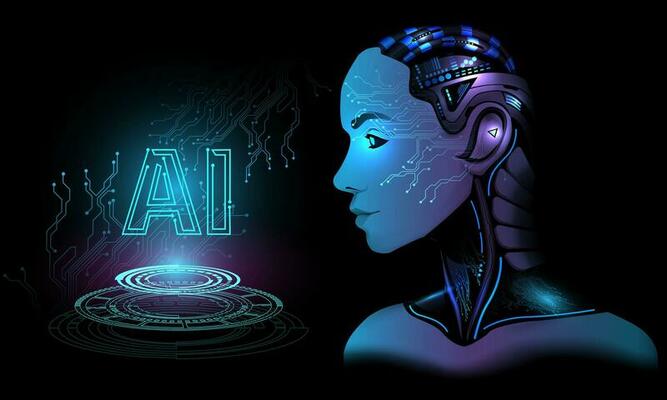 Robot man Artificial intelligence with a beautiful face look at logo AI on hand in blue circuit bokeh blur virtual cyberspace futuristic technology