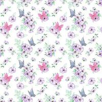 Handdrawn anemone and butterfly seamless pattern. Watercolor purple flowers with blue and pink butterfly on the white background. Scrapbook, poster, label, banner, textile. photo