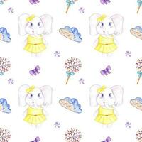 Handdrawn watercolor candy and elephant seamless pattern children's textile. Scrapbook design, typography poster, label, banner, post card. photo