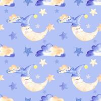 Handdrawn watercolor moon, clouds and stars seamless pattern children's textile. Scrapbook design, typography poster, label, banner, post card. photo