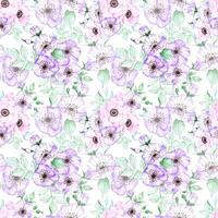 Handdrawn anemone seamless pattern. Watercolor pink and purple flowers with green leaves on the white background. Scrapbook design, typography poster, label, banner, textile. photo