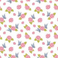 Handdrawn roses and butterfly seamless pattern. Watercolor pink flowers with blue butterfly on the white background. Scrapbook, poster, label, banner, textile. photo