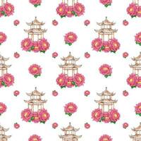 Hand drawn watercolor arbor with peony seamless pattern. Oriental illustration isolated on white background. Can be used for cards, prints, textile, wrapping. photo