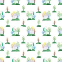 Hand drawn watercolor abstract trees and houses seamless pattern isolated on white background. Can be used for children textile, wrapping paper, fabric. photo
