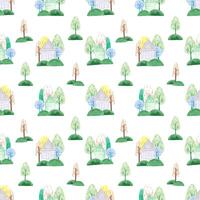 Hand drawn watercolor abstract trees and houses seamless pattern isolated on white background. Can be used for children textile, wrapping paper, fabric. photo