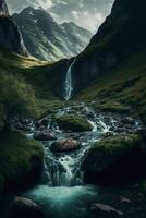 stream running through a lush green valley. . photo