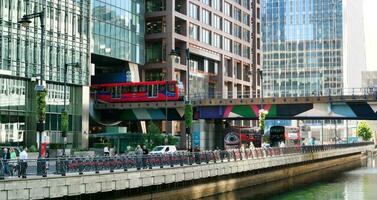 Low Angle Panoramic View of Canary Wharf Buildings at Central London City of England Great Britain. The Footage Was Captured on 08-June-2023 During Clear Day. photo