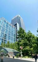 Low Angle Panoramic View of Canary Wharf Buildings at Central London City of England Great Britain. The Footage Was Captured on 08-June-2023 During Clear Day. photo