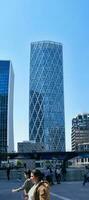 Low Angle Panoramic View of Canary Wharf Buildings at Central London City of England Great Britain. The Footage Was Captured on 08-June-2023 During Clear Day. photo