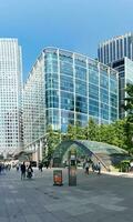 Low Angle Panoramic View of Canary Wharf Buildings at Central London City of England Great Britain. The Footage Was Captured on 08-June-2023 During Clear Day. photo