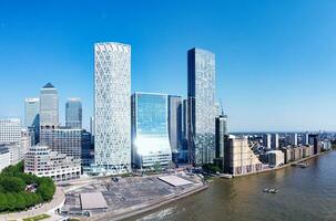 Low Angle Panoramic View of Canary Wharf Buildings at Central London City of England Great Britain. The Footage Was Captured on 08-June-2023 During Clear Day. photo