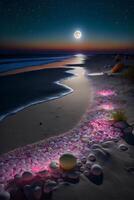 beach at night with pebbles in the sand and a full moon in the sky. . photo