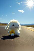 relleno animal sentado en el lado de un la carretera. generativo ai. foto