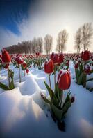 field of red tulips covered in snow. . photo