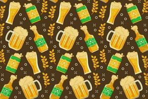 Beer seamless pattern vector style, collection of bottles, glasses and cans of beer, with cheers wheat elements. Suitable for backgrounds