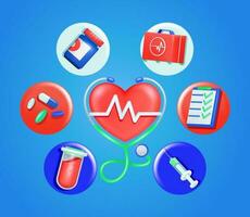 Vector 3d style medical equipment and stethoscope examination heartbeat medical doctor concept. Health and wellness