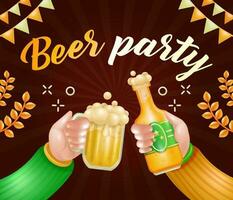 Clinking beer bottles and glasses, Of two Sleeves with sweaters. Party in the pub. 3d illustration, suitable for events vector