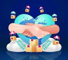 World Humanitarian Day, a pair of hands holding each other with a donation box element descending by parachute, against a heart-shaped earth background vector