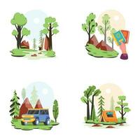 conjunto de bosque viaje plano ilustraciones vector