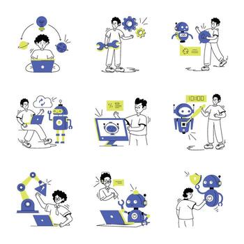 colección de robótica y ai línea ilustraciones vector