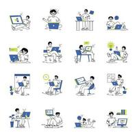Set of Remote Workers Linear Illustrations vector