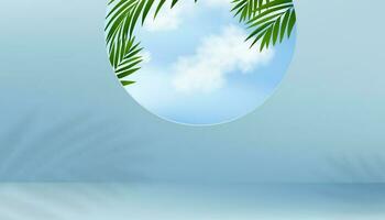 Summer background,Empty Blue Studio Background Display with Palm Leaves,Cloud,Blue Sky on Window for Cosmetic Product,Vector Mock Up Backdrop scene for Web Banner,Sale Shop online Presentation vector