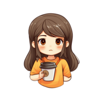 fille avec tasse de café, mignon, dessin animé, ai généré, numérique illustration. png