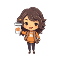 niña con taza de café, lindo, dibujos animados, ai generado, digital ilustración. png