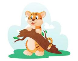 Cute wild baby tiger cub in the forest leaning on a tree branch. Vector isolated cartoon feline animal.