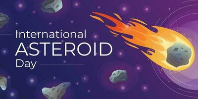 internacional mundo junio fiesta asteroide día. vector dibujos animados espacio bandera con meteoritos y estrellas.