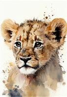 watercolor painting of a lion cub. . photo