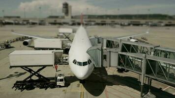 Time lapse of commercial airplane preparing for flight at airport terminal video