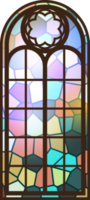 Gothic stained glass window. Church medieval arch. Catholic cathedral mosaic frame. Old architecture design png