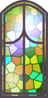 Gothic stained glass window. Church medieval arch. Catholic cathedral mosaic frame. Old architecture design png