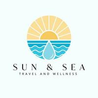 Sun and sea vector logo design. Sunset or sunrise and ocean logotype. Tropical travel logo template.