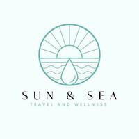 Sun and sea vector logo design. Sunset or sunrise and ocean logotype. Tropical travel logo template.