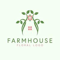 Farmhouse floral vector logo design. House with plants logotype. Real estate logo template.