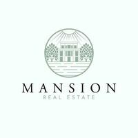 Mansion real estate vector logo design. Modern house and trees abstract logotype. Real estate company logo template.