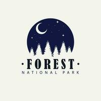 Forest national park vector logo design. Pine trees and night sky logotype. Adventure logo template.