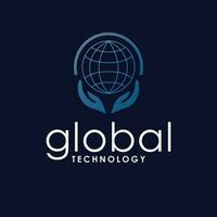 Global technology vector logo design. Globe and hands symbol logotype. Tech logo template with hand.