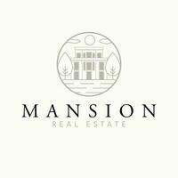 Mansion real estate vector logo design. Modern house and trees abstract logotype. Real estate company logo template.