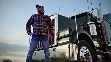 camionero con orgullo en pie en frente de su semi camión video