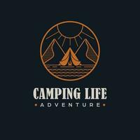 Camping life adventure vector logo design. Tent in forest logotype. Wildlife and nature logo template.