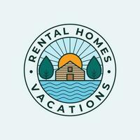 Rental homes vacations vector logo design. House on river logotype. Natural landscape logo template.