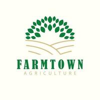 Farmtown agriculture vector logo design. Landscape with leaves logotype. Ecological logo template.