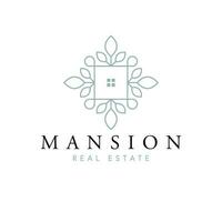 Mansion real estate vector logo design. Abstract house symbol and leaves logotype. Real estate company logo template.